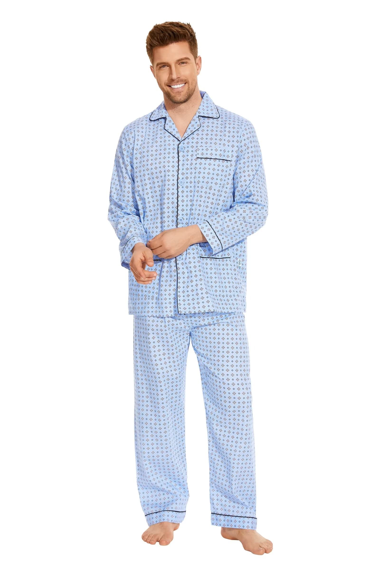 GLOBAL Men's Long Sleeve Pyjamas 100% Cotton Pyjama Set with Pockets