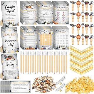 476 Pcs Halloween Baby Shower Games Set, 9 Activities Games, 50 Guests | Pacifier Hunt Game, Mommy Belly Sign Guessing Cards Tapes, Don't Say Clothespins, Themed Party Activity Supplies