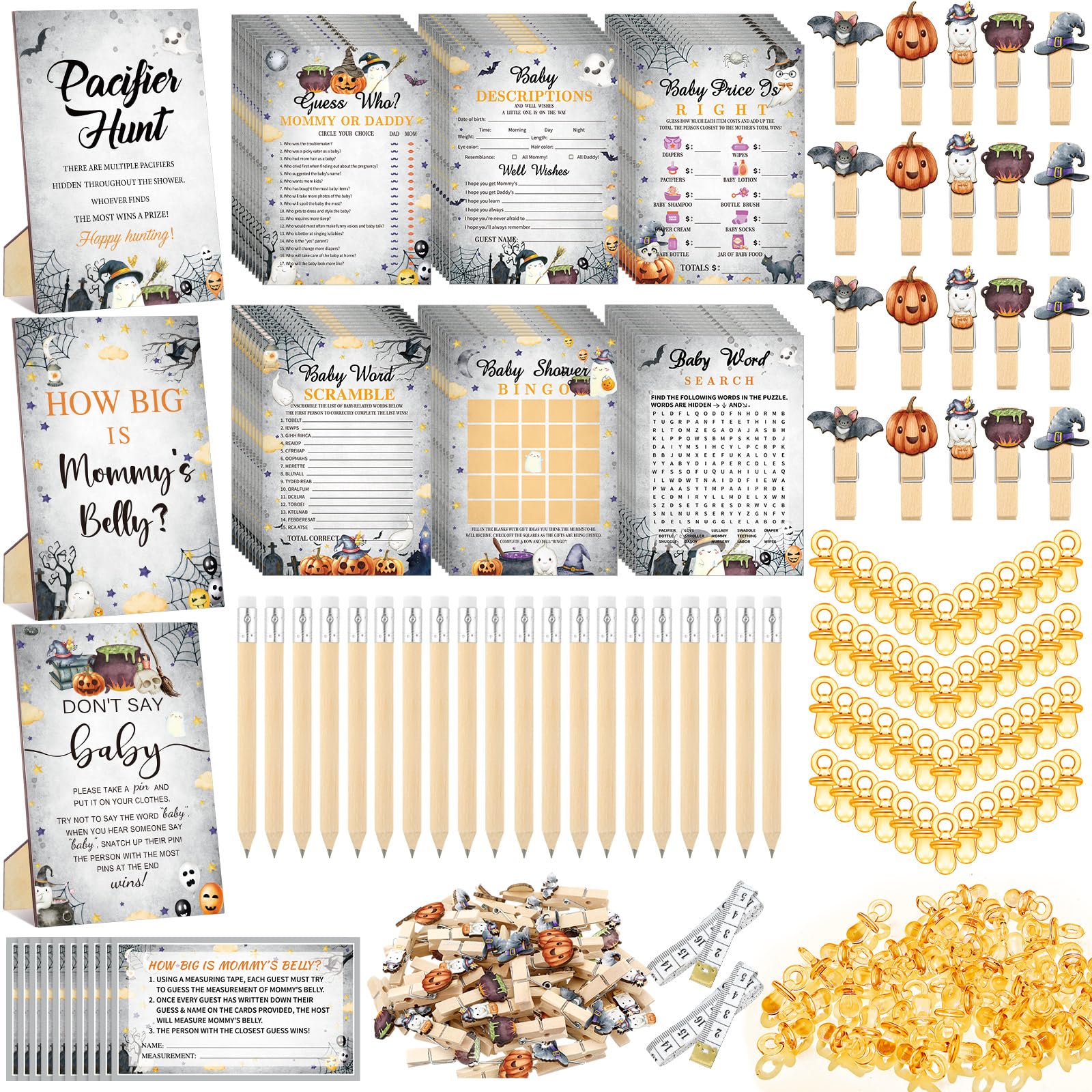 476 Pcs Halloween Baby Shower Games Set, 9 Activities Games, 50 Guests | Pacifie