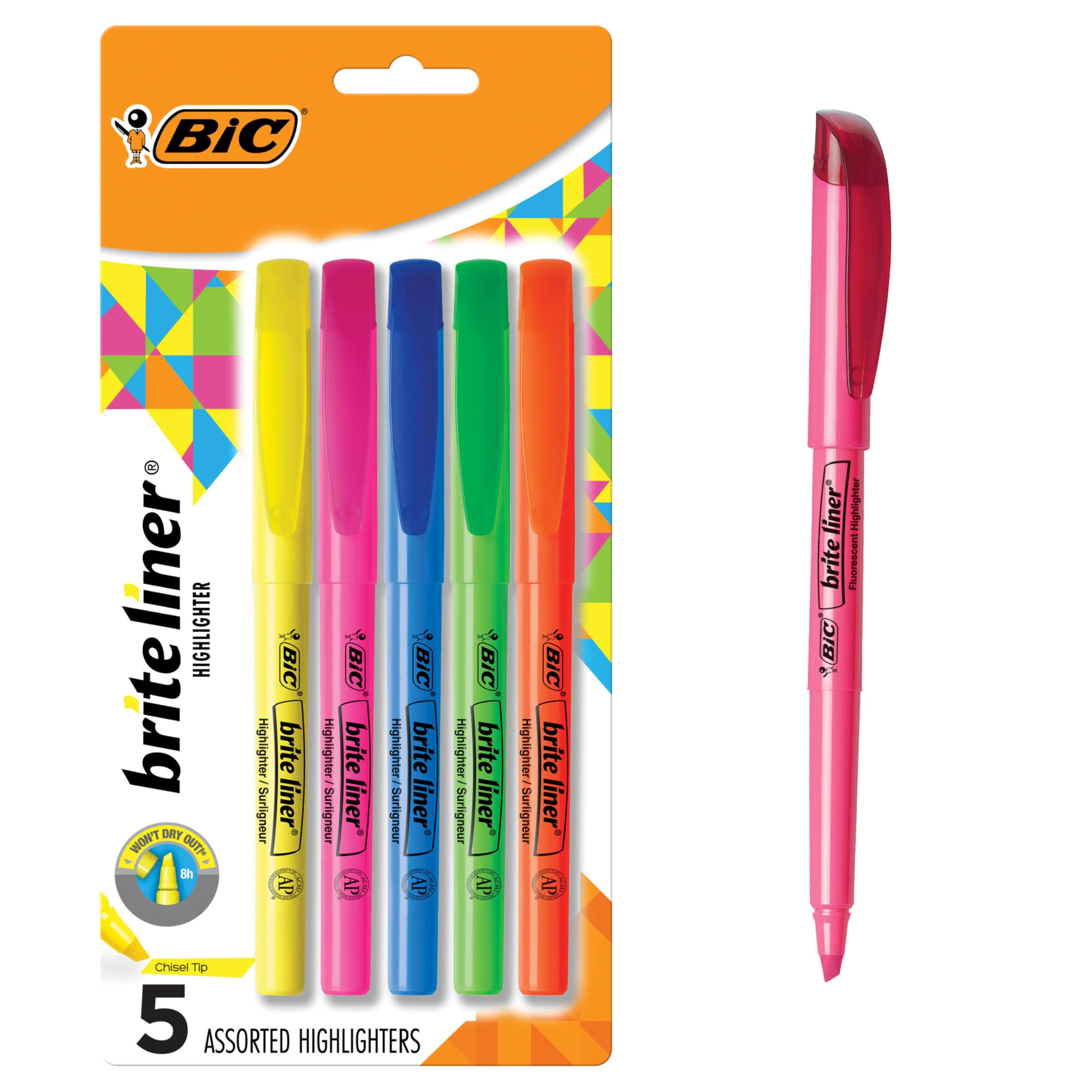 BIC Brite Liner Highlighters, Chisel Tip, 5-Count Pack, Assorted Colors | Ideal 