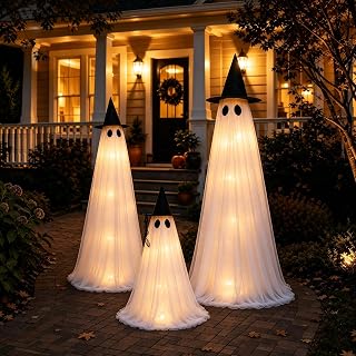 Halloween Decorations Outdoor - 3 Packs Light Up Ghost Decor for Porch Yard | 6ft 5ft 2.6ft LED Timed Lighting Standing Ghost Sets, Indoor Outdoor Cute Halloween Party Decor, Remote Control Easy Setup
