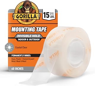 GORILLA Invisible Hold Mounting Tape, Holds Up to 15 lbs, Clear, 1" x 60" | Clear Double-Sided Tape for Strong, Permanent Bond, Discreet Adhesive for Classroom and Study Space Setup