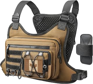Chest Bag for Men Women, Tactical Chest Rig with Holster, Sport Chest Pack for Outdoor, Running Vest for Hiking, Cycling, Travel, Workouts, EDC (Khaki)