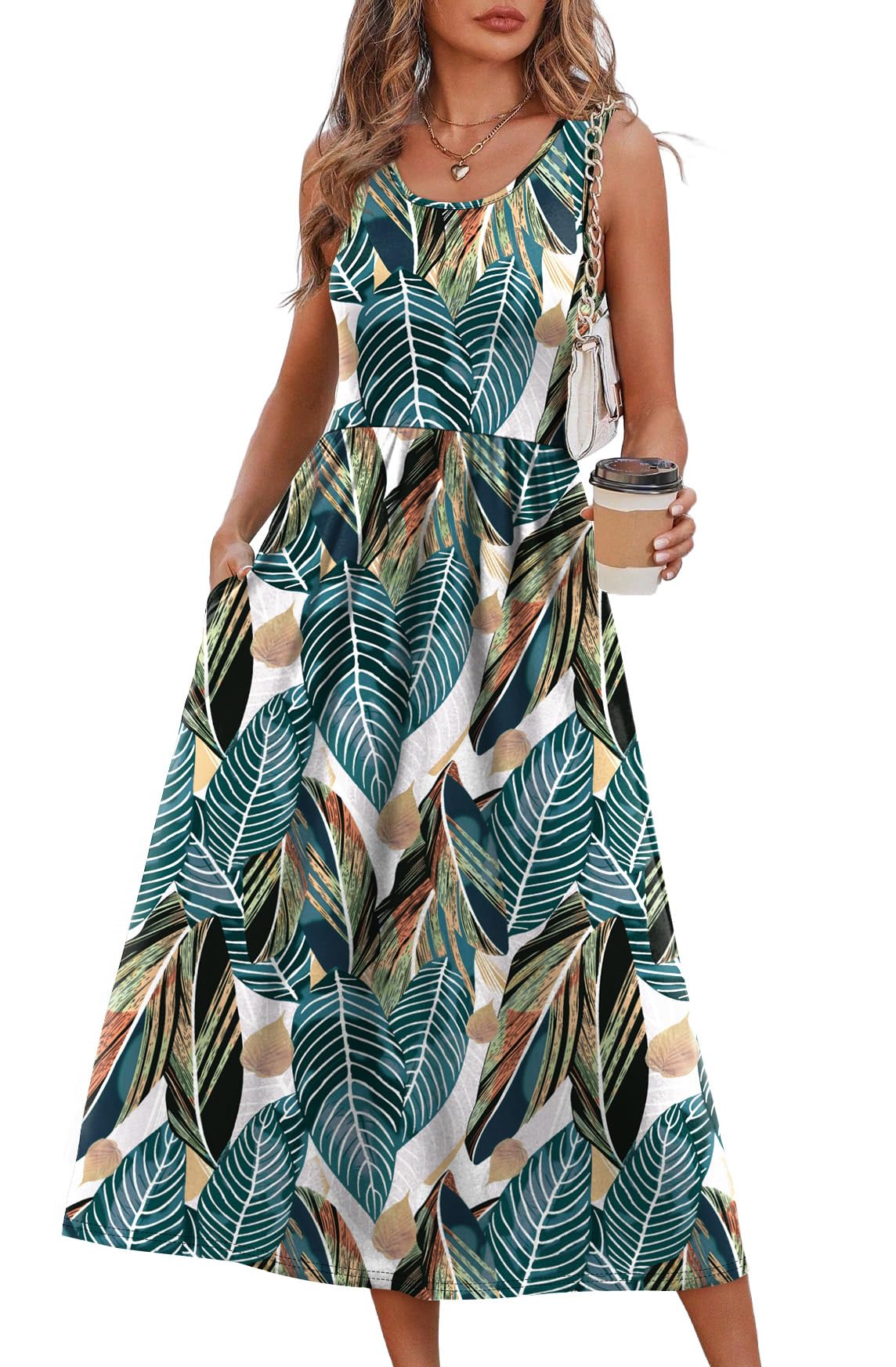 WIHOLL Women Summer Sleeveless Casual Loose Maxi Dress with Pockets Beach Holida