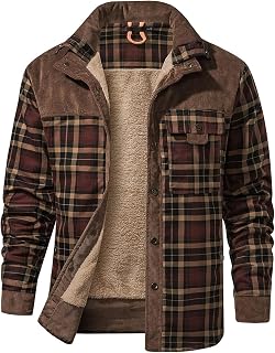 Gihuo Men's Long Sleeve Sherpa Lined Shirts Outdoor Warm Flannel Plaid Jacket Button Down Fleece Coats