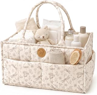 Floral Diaper Caddy Organizer - Portable Diaper Caddy with Handles &amp; Removable Dividers - Large &amp; Quilted Nursery Storage Basket for Girls - Woodland Nursery Decor &amp; Wildflower Gift for Baby Shower