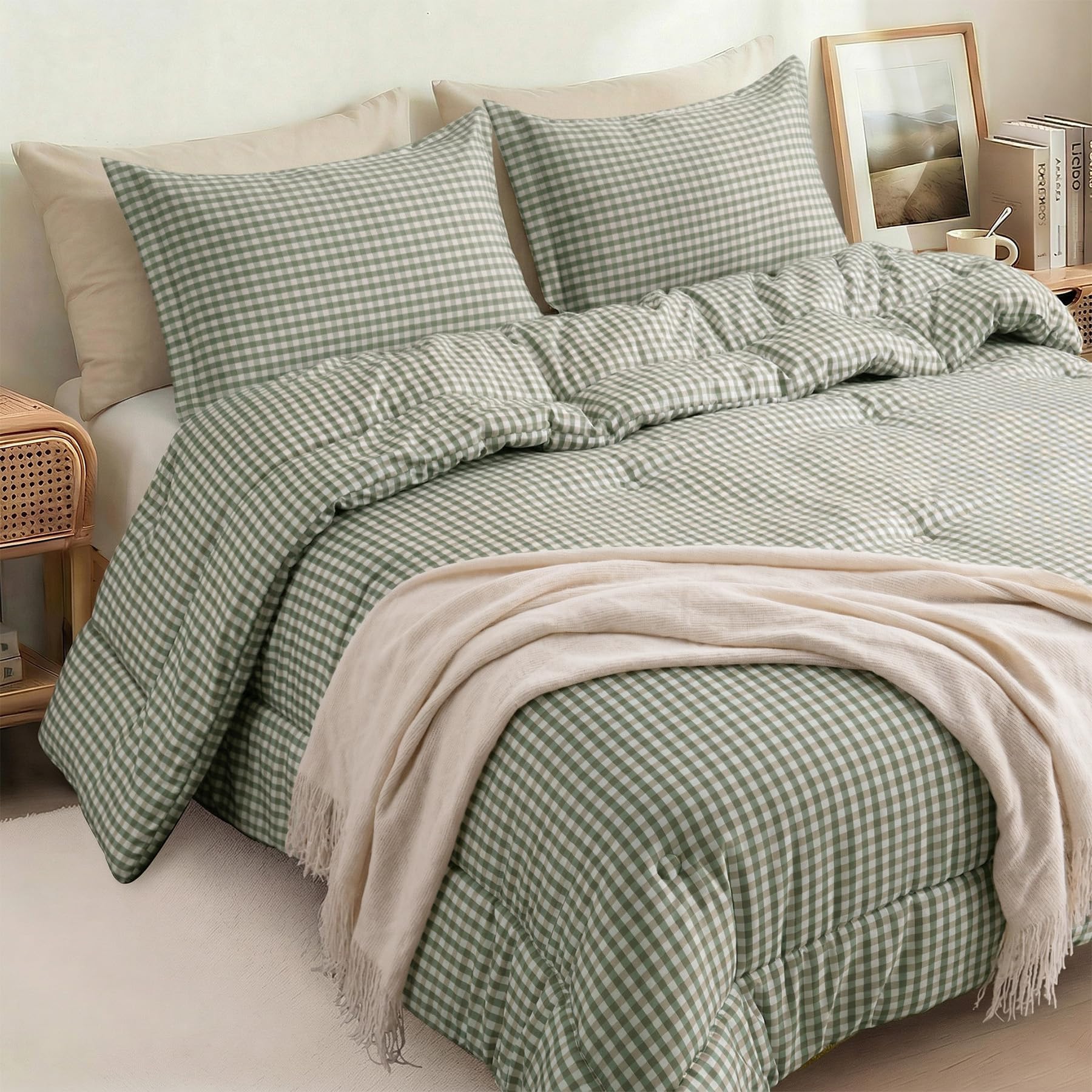 Sunnewt King Comforter Set, Fluffy Green Gingham Plaid Bedding, 3 Pieces | Soft 