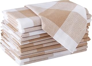 Encasa Homes Dining Table Napkins, Large, 43.2 x 43.2 cm, Buffalo Beige Checker, Heavy Eco-Friendly Cotton, Self-Spun Fabric, Restaurant and Banquet, Pack of 12