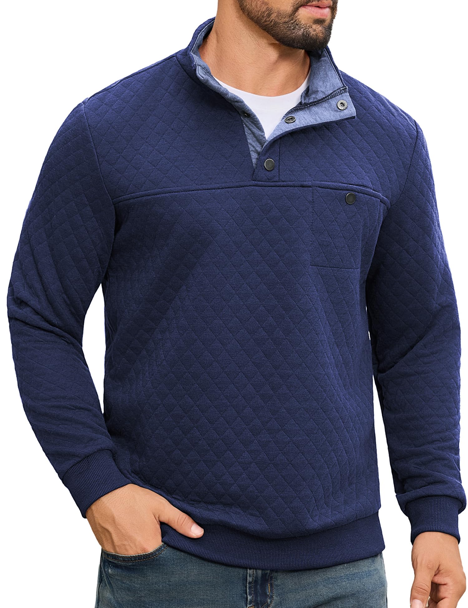 URRU Men's Quilted Sweatshirt Contrast Stand Collar Casual Mock Neck Long Sleeve