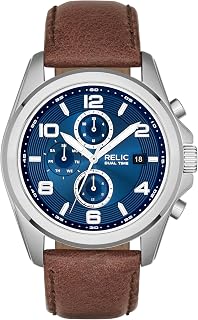 Relic by Fossil Men's Daley Multifunction Silver Stainless Steel and Brown Leather Band Watch (Model: ZR15794)