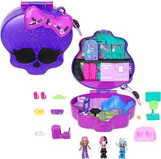 Polly Pocket x Monster High Collaboration Compact Playset | Skullete Playset, Draculaura, Clawdeen Wolf & Frankie Stein Micro Dolls, 10 Accessories, Collectible, HVV58