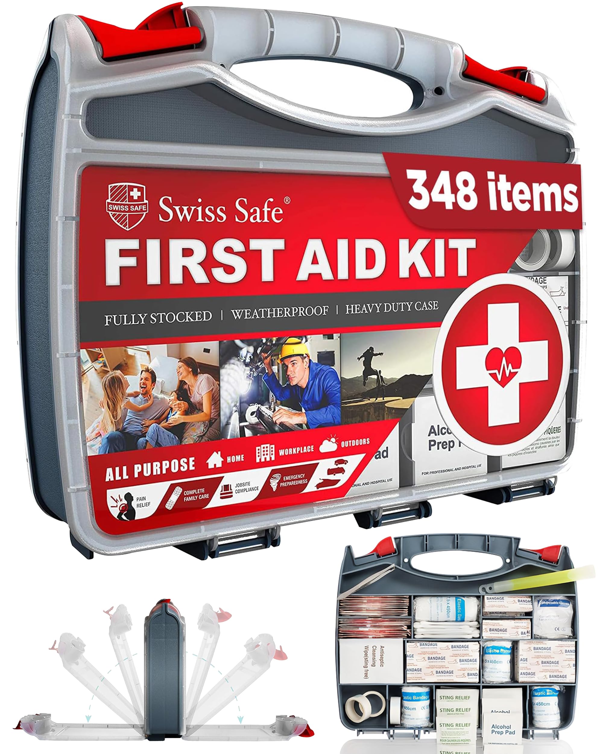 Swiss Safe 2-in-1 348 Pcs Large First Aid Kit for Camping, Travel & Car