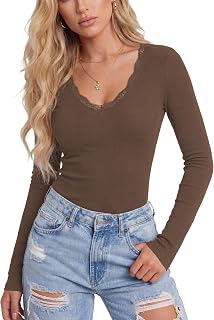 LYANER Women's Lace V Neck Long Sleeve Shirts