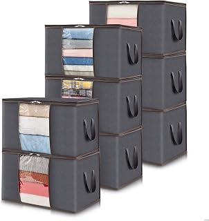 Lifewit 8 Pack Clothes Storage Bag, Foldable Storage Bins for Clothes, Blankets, Fabric Wardrobe Closet Organizers with Reinforced Handle, Sturdy Zipper, Moving Bags With Clear Window, Grey