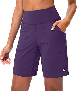 SANTINY Women's Bermuda Shorts with Zip Pocket High Waist Long Shorts for Running Athletic Workout