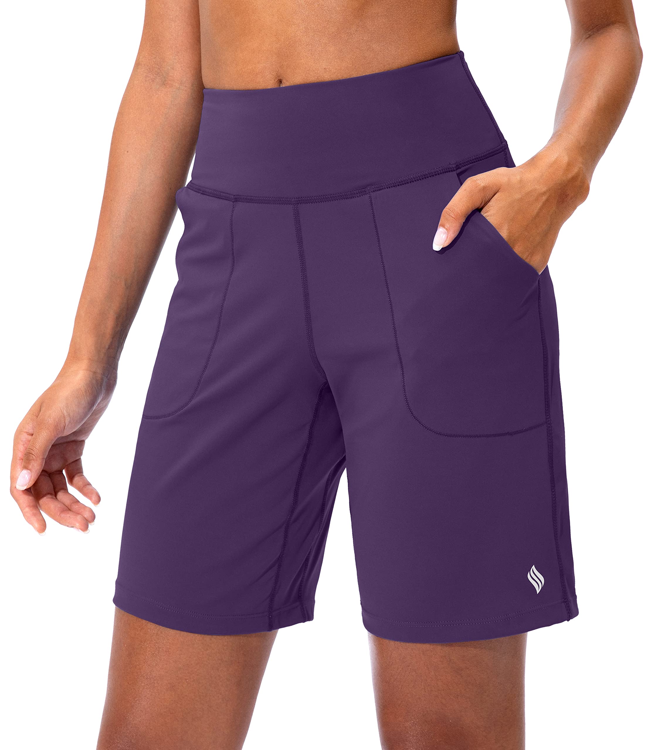 SANTINY Women's Bermuda Shorts with Zip Pocket High Waist Long Shorts for Runnin