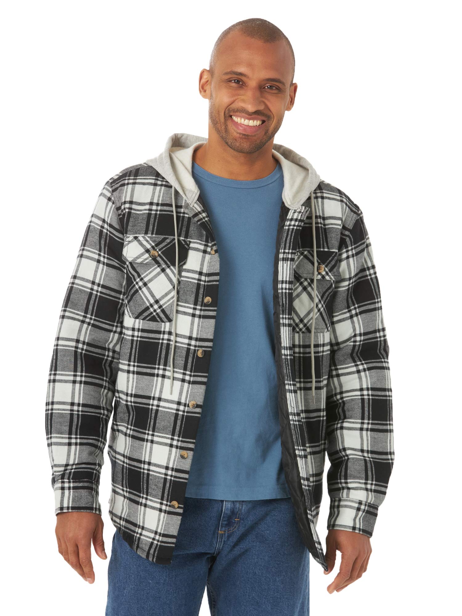 Wrangler Authentics Men's Long Sleeve Quilted Lined Flannel Shirt Jacket With Ho