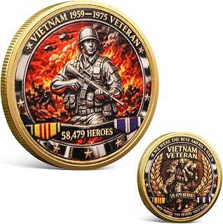 Vietnam Veterans Challenge Coin, 1955-1975 Gold-Plated Tribute Keepsake(I) | Gold-plated 40mm tribute coin honors Vietnam veterans with 1955-1975 dates, 58,479 Heroes remembrance and military imagery.