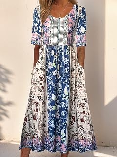 Women Floral Print Short Sleeve Pocket Maxi Dress Casual Summer Dress
