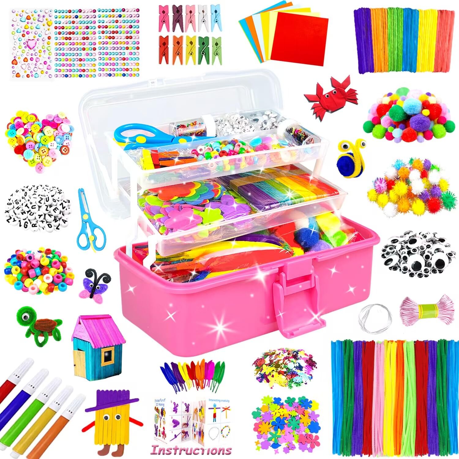 3000 Arts and Crafts Supplies for Kids Craft Kit All in 3 Layered Craft Box with