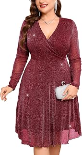ZOMVA Plus Size Sparkly Mesh Dress A Line V Neck Wrap Short Glitter Dresses Wedding Guest Cocktail Evening Party