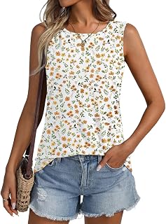 ORANDESIGNE Women Floral Pattern Round Neck Sleeveless Casual Summer Loose Tank Tops