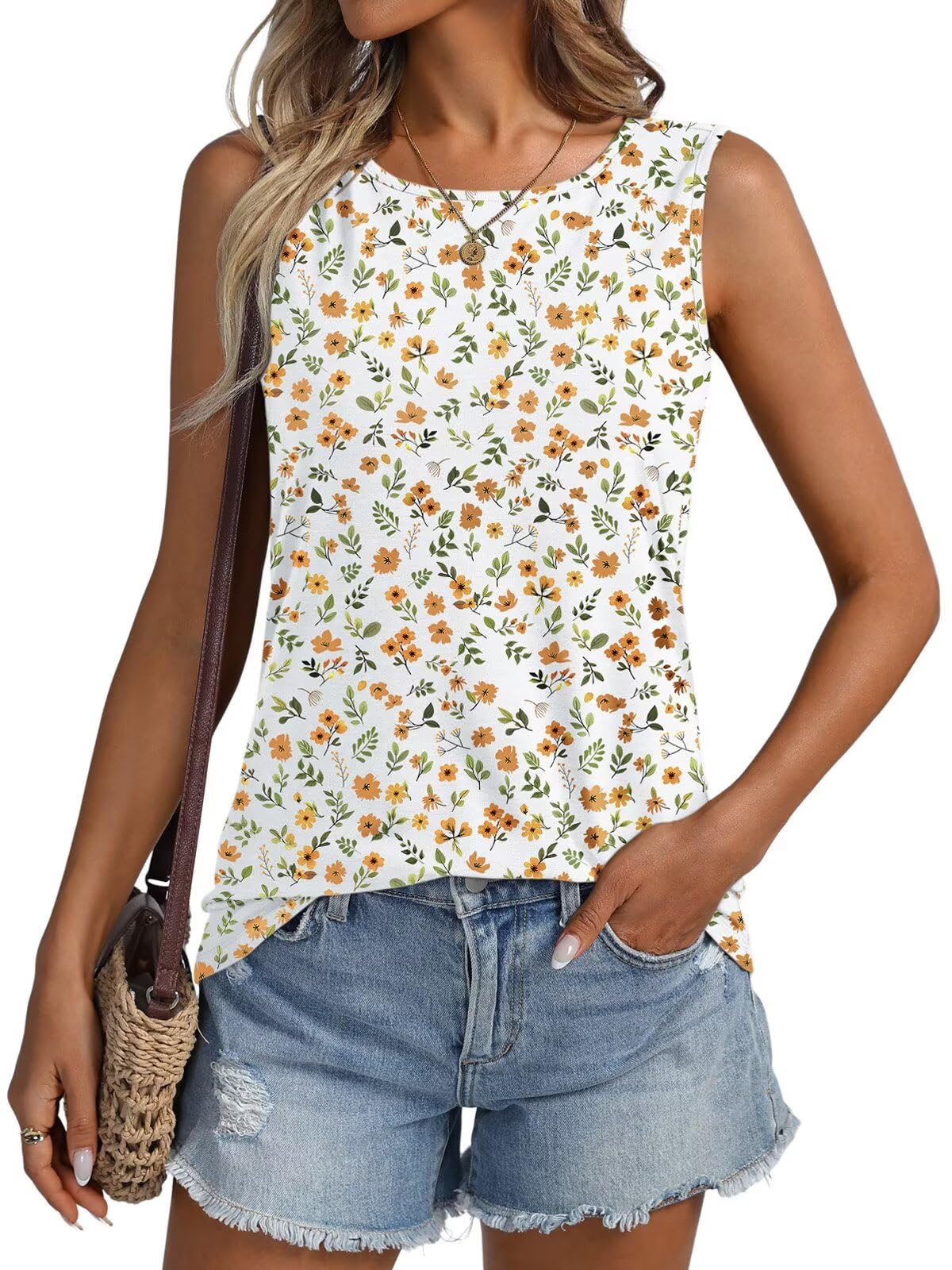 ORANDESIGNE Women Floral Pattern Round Neck Sleeveless Casual Summer Loose Tank 