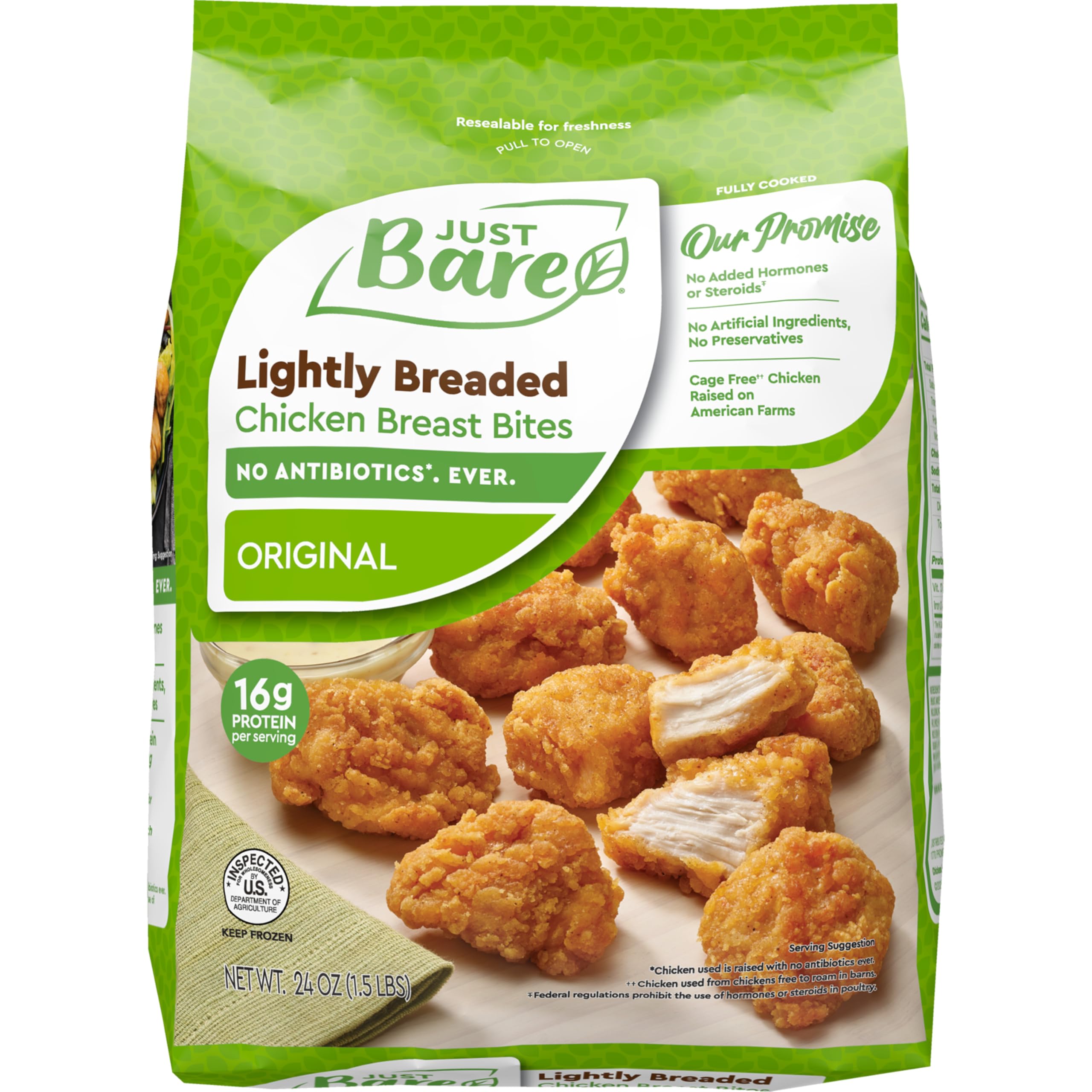 Just Bare® Chicken Lightly Breaded Breast Bites| Fully Cooked | 16 G Protein Fro