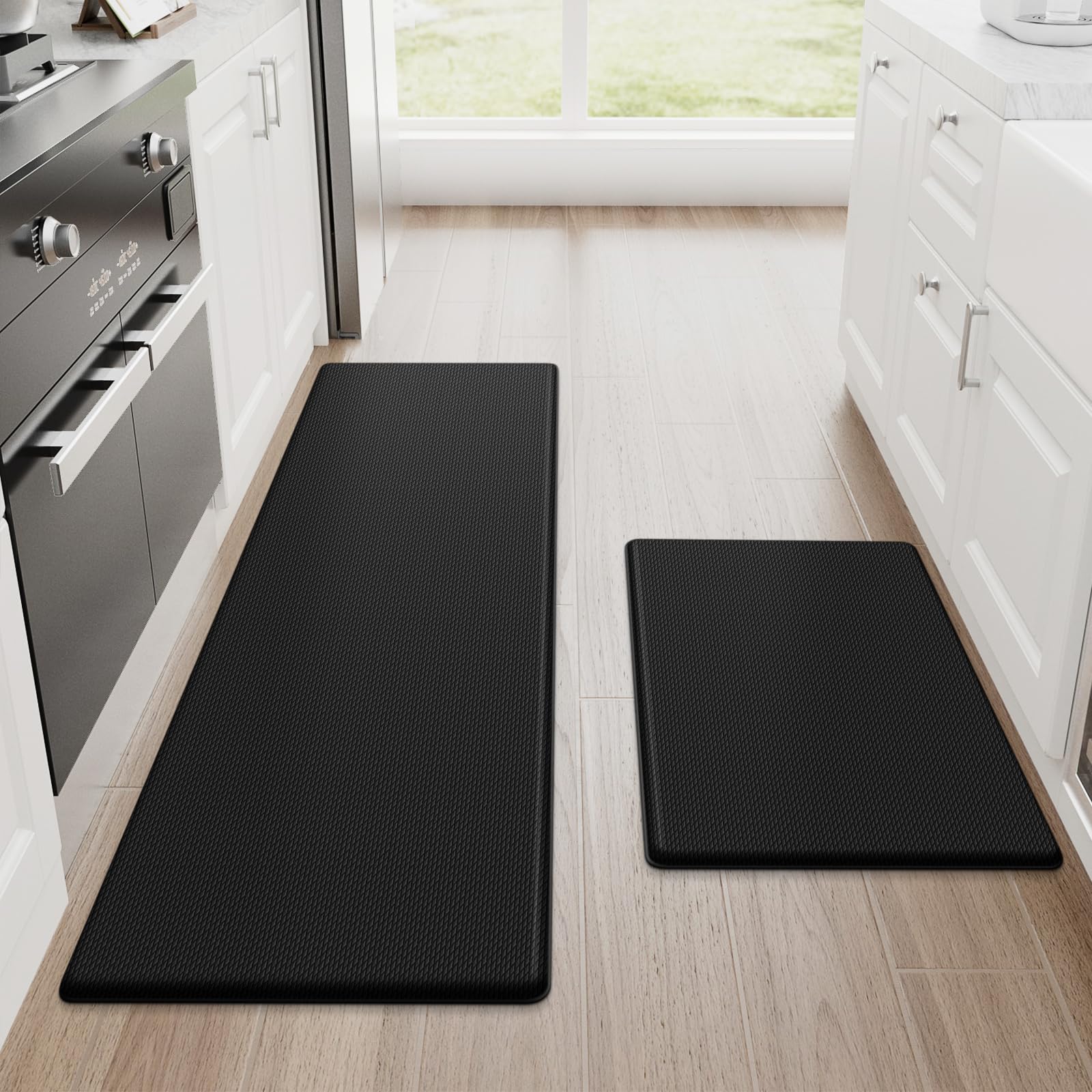 StepRite Kitchen Mats for Floor, 2-Piece Anti-Fatigue Kitchen Rugs, Black | 17.3