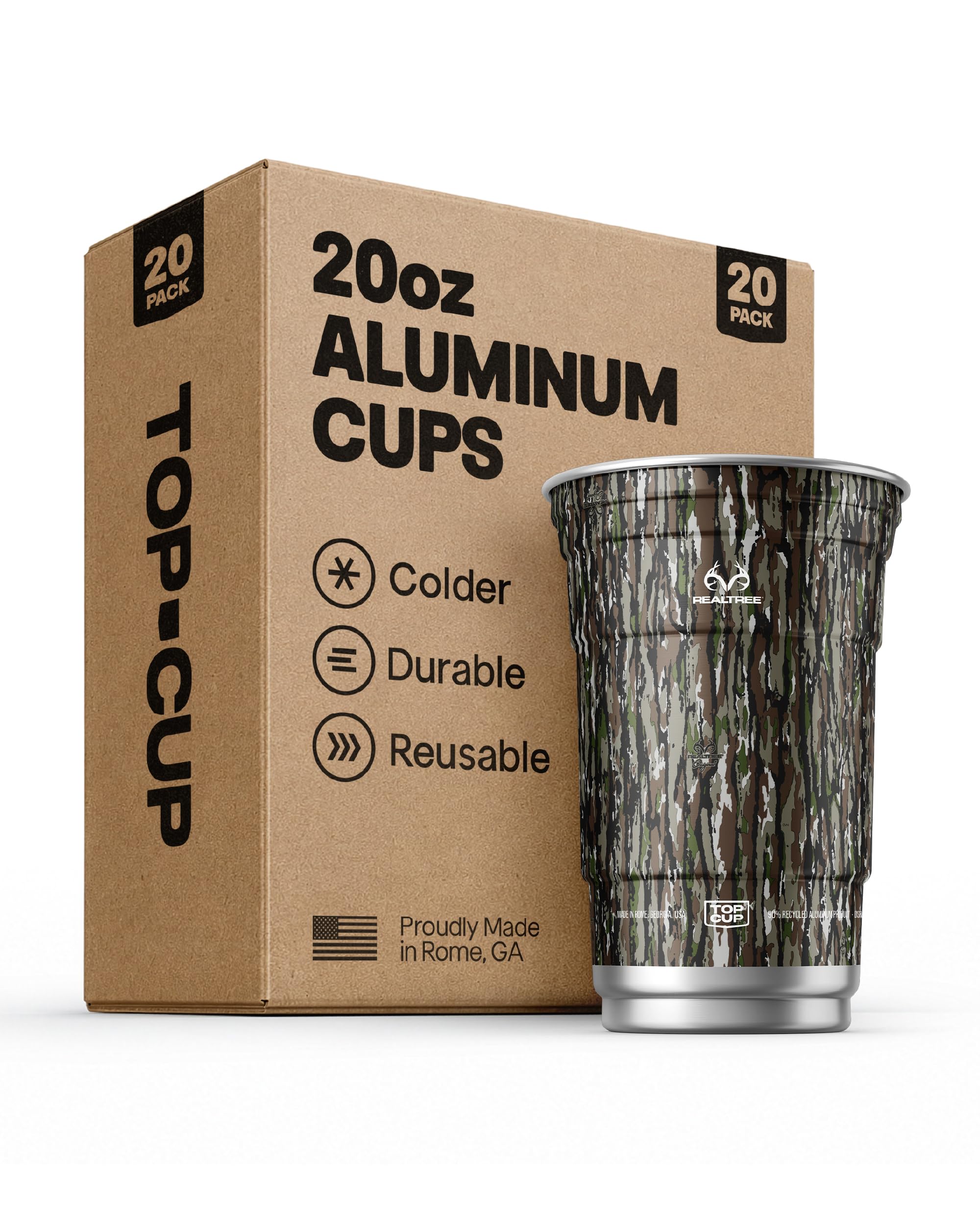 Top Cup Aluminum Party Cups, RealTree Original Camo, 20oz, 20 Count | Made in th