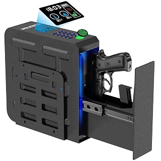 Slider Gun Safe for Handgun Biometric 3 Ways Access Mounted for Bedside | Fingerprint Pistol Safe Wall Mount Hidden Gun Lock Box with LCD Display for Nightstand, Bed, Desk