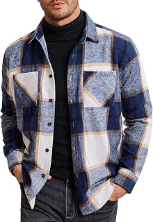 Men's Flannel Shirts Long Sleeve Plaid Shirt Jacket Casual Button Down Fleece Shacket with Pockets