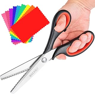 Makasla Ergonomic Pinking Shears, Zig Zag Scissors, Red, Stainless Steel, 5.3 Inch Blade, Ambidextrous, Ideal for Fabric, Leather, Paper, Sewing, Crafting