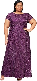 Alex Evenings Plus Size Long A-Line Rosette Dress with Short Sleeves Women's Special Occasion Dress