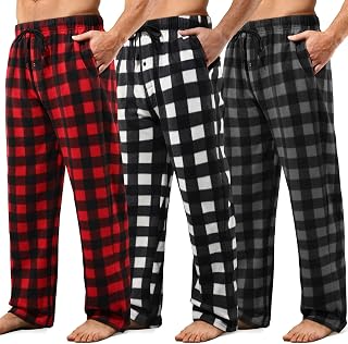 3 Pack Mens Pajama Pants Microfleece Plaid Sleep Lounge PJ Bottoms