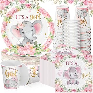 Hushee 200Pcs Pink Elephant Theme Baby Shower Decors Party Tableware Supply