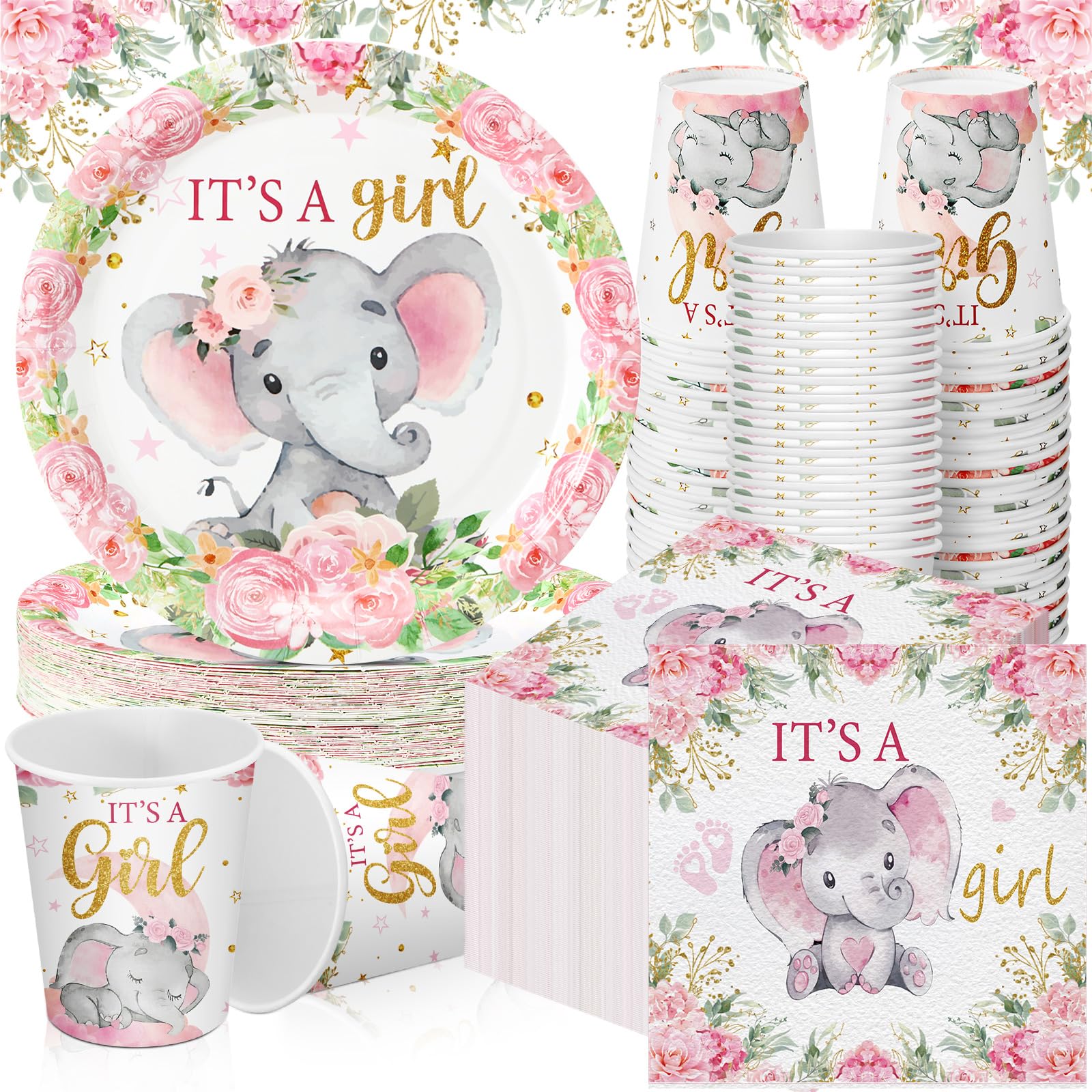 Hushee 200Pcs Pink Elephant Theme Baby Shower Decors Party Tableware Supply