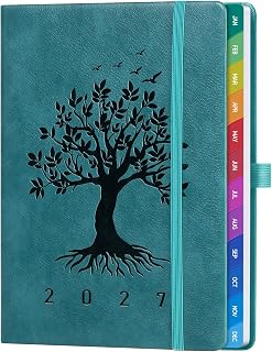 ZXHQ 2027 Diary Week-to-View A5, Embossed Tree of Life Cover, Teal | for UK, Hardcover, Thick Paper, Colourful Gradient Tabs, Back Pocket, with Pen Set, Weekly and Monthly Planner 2027