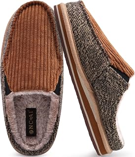 ONCAI Men's Slippers in Comfort Fleece Cotton Stripes Wool Slippers with Memory Foam Arch Support Rubber Sole Size 40-50