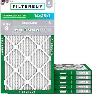 Filterbuy 14x25x1 Air Filter MERV 8 Essential Dust & Allergy Defense (6-Pack), Electrostatic Pleated HVAC AC Furnace Filters Replacement, Made in USA (Actual Size: 13.50 x 24.50 x 0.75)
