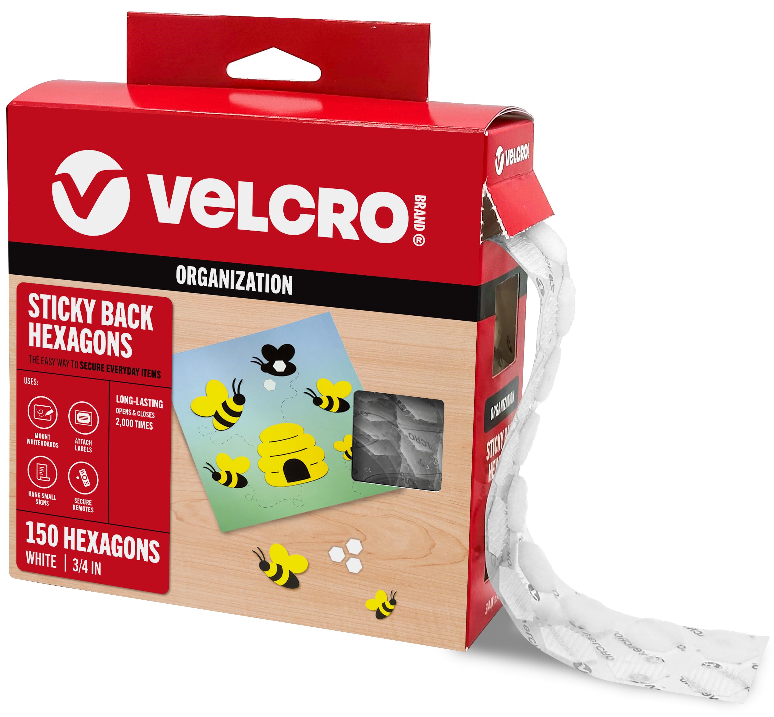 VELCRO Brand Sticky Back Hexagons, Adhesive Dots, White, 3/4 in, 150 Pk | Hook A