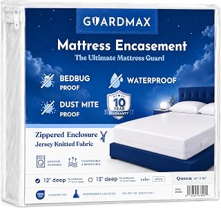 Guardmax Queen Mattress Protector Zippered, Bed Bug Mattress Cover | Waterproof, Dust Mite Proof, 6-Sided, Soft Jersey Knit, OEKO-TEX Certified, Machine Washable, Queen - 60 x 80, up to 13" Deep