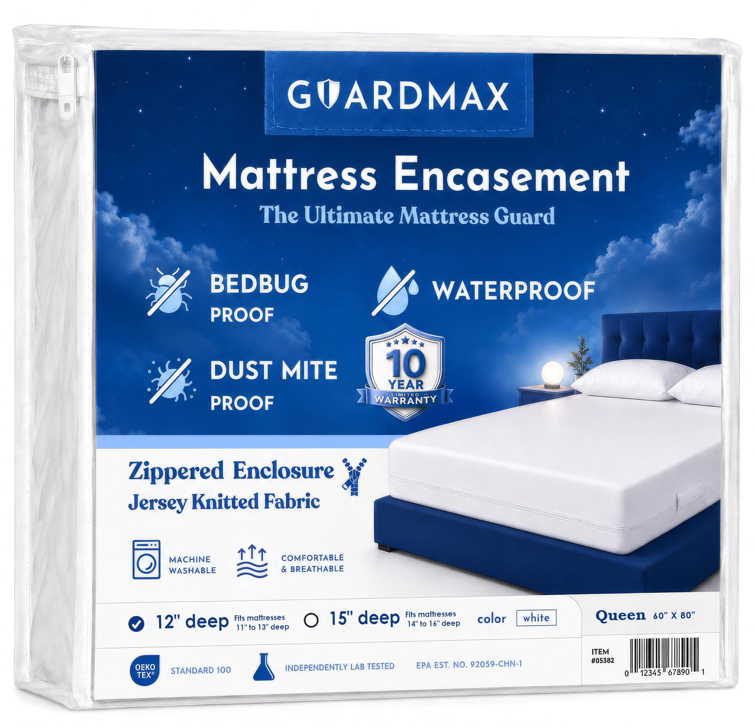 Guardmax Queen Mattress Protector Zippered, Bed Bug Mattress Cover | Waterproof,
