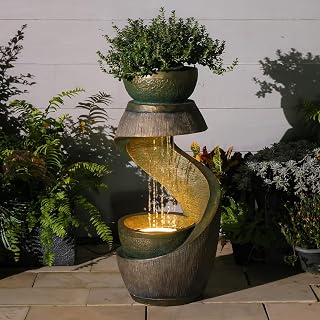 Sunlinua 32" S-Shaped Modern Water Outdoor Fountain with Planter Bowl | Gold Garden Fountains Outdoor for Patio, Balcony, Yard or Home Decor, Resin Waterfall