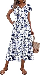 Zeagoo Women's Summer Casual Dress Short Sleeve V Neck Button Down Tiered Dresses with Pockets