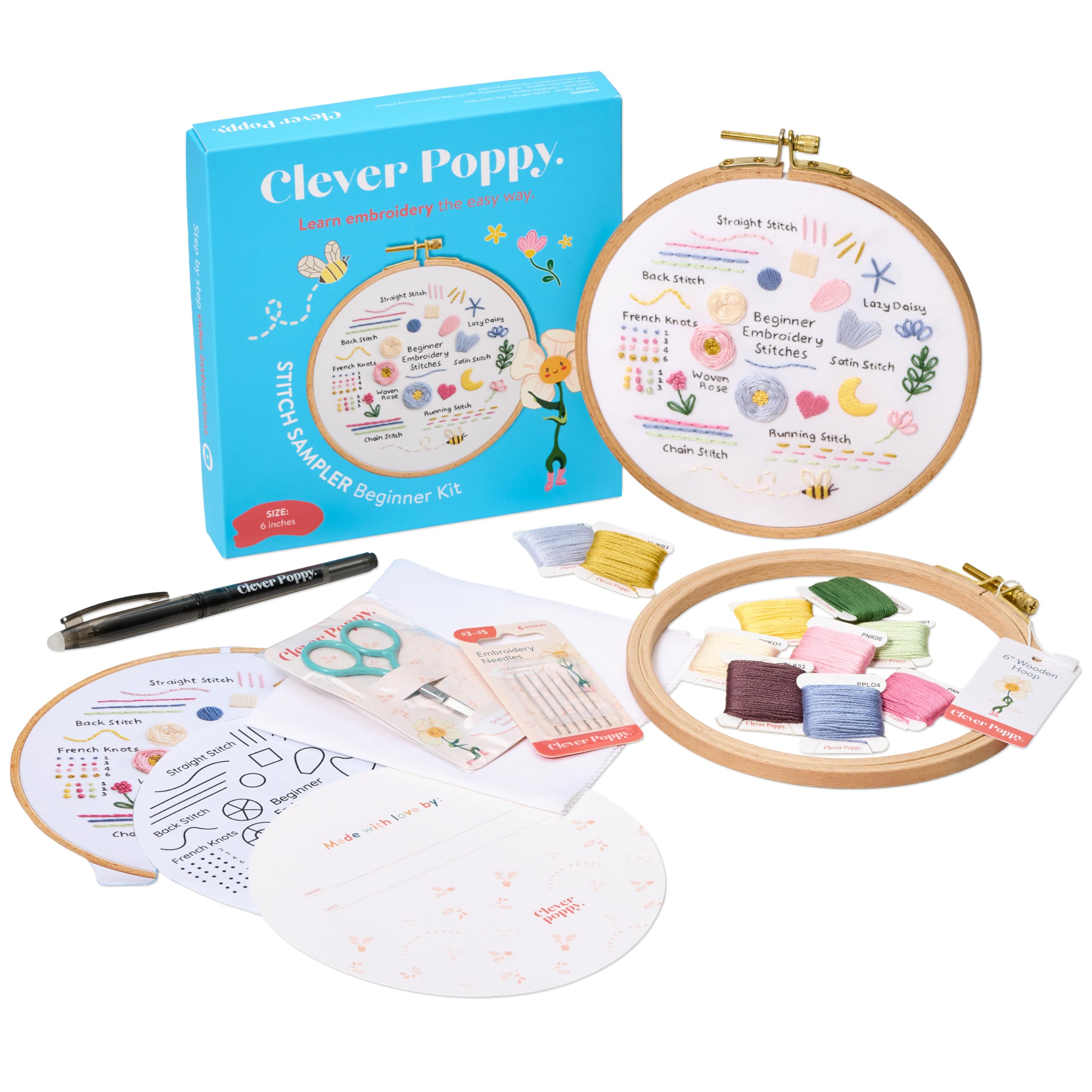 Clever Poppy Stitch Sampler Embroidery Kit for Beginners with Video Guide | Easy