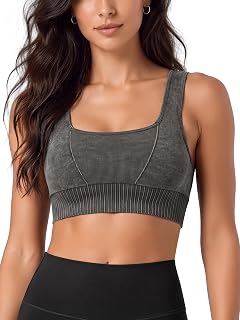 ODODOS Seamless Square Neck Sports Bra for Women Ribbed Crop Tank Casual Low Back Cropped Tops
