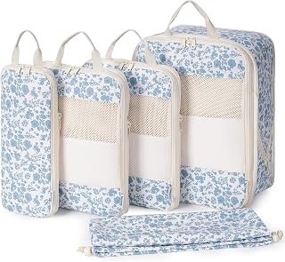 Narwey 5 Set Compression Packing Cubes Travel Organizer, Packing Cubes Compressible for Carry on Luggage Suitcase, Travel Essentials Accessories with Laundry Bag (Little Blue Flower)
