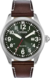 Citizen Men's Sport Casual Garrison 3-Hand Date Eco-Drive Leather Strap Watch, Arabic Markers, Stainless Steel, Field Watch