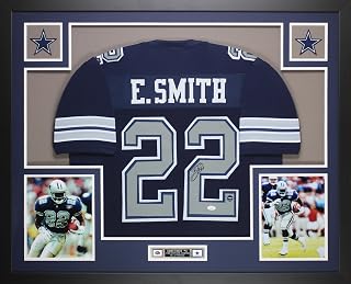 Emmitt Smith Autographed Blue Dallas Jersey - Beautifully Matted and Framed - Hand Signed and Certified Authentic by James Spence (JSA)